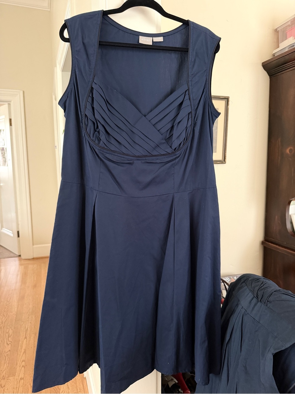 eshakti Navy Sleeveless Fit-and-Flare Dress with Pleated Crossover Bodice